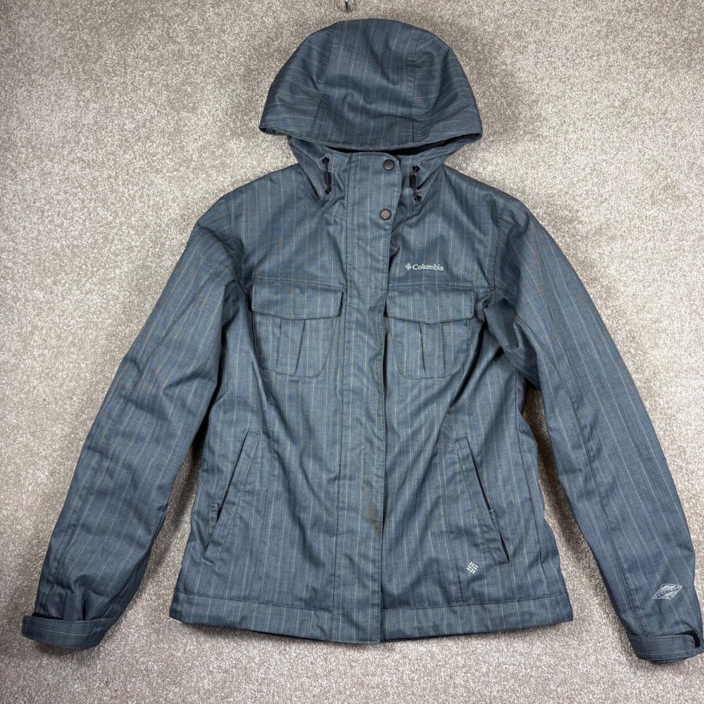 Columbia Omni-Tech Jacket Womens Medium Grey Yellow Pinstripe Hooded Shell Coat
